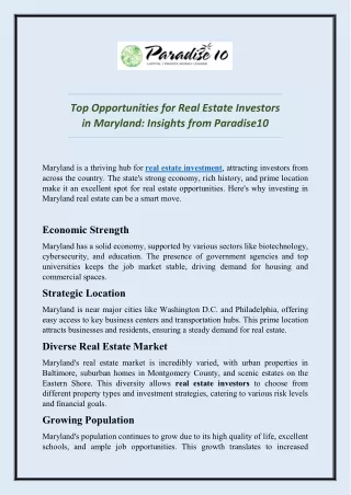 Top Opportunities for Real Estate Investors in Maryland-Insights from Paradise10