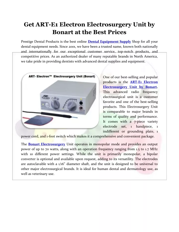 get art e1 electron electrosurgery unit by bonart