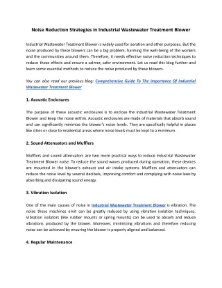 Noise Reduction Strategies in Industrial Wastewater Treatment Blower