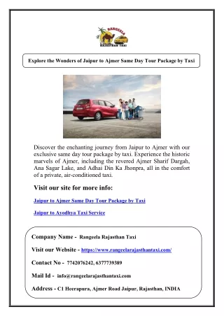Explore the Wonders of Jaipur to Ajmer Same Day Tour Package by Taxi