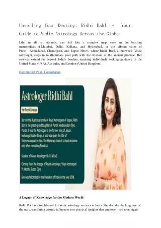 Unveiling Your Destiny: Ridhi Bahl – Your Guide to Vedic Astrology Across the Gl