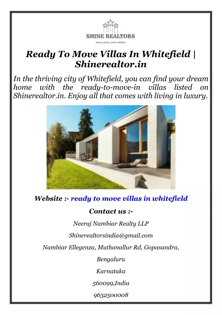 ready to move villas in whitefield shinerealtor in