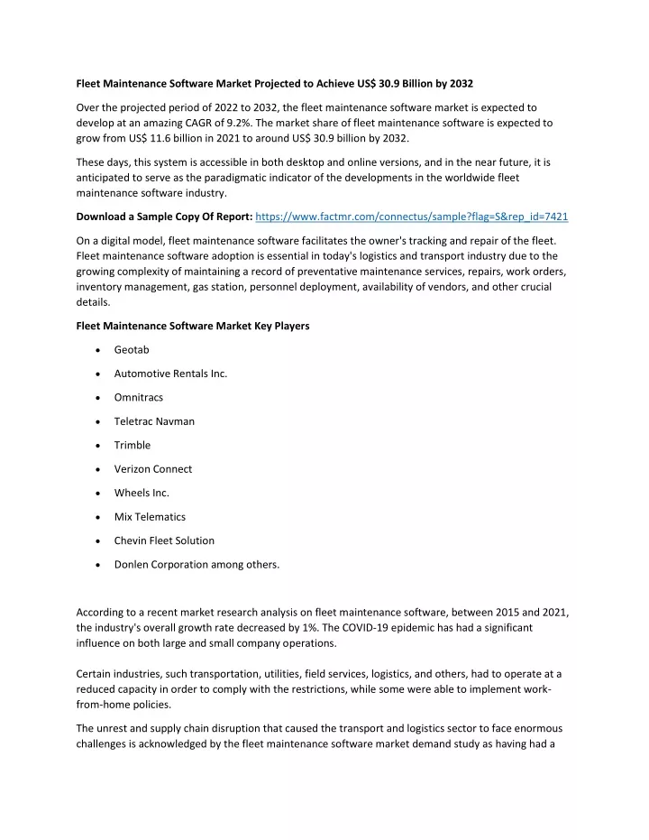 fleet maintenance software market projected