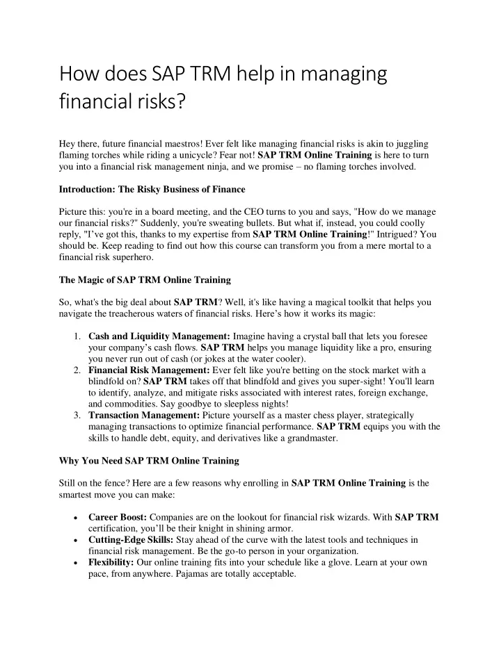 how does sap trm help in managing financial risks