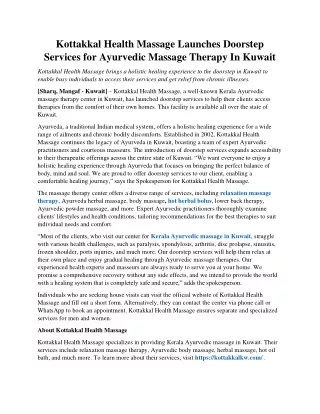 Kottakkal Health Massage Launches Doorstep Services For Ayurvedic Massage Therapy In Kuwait