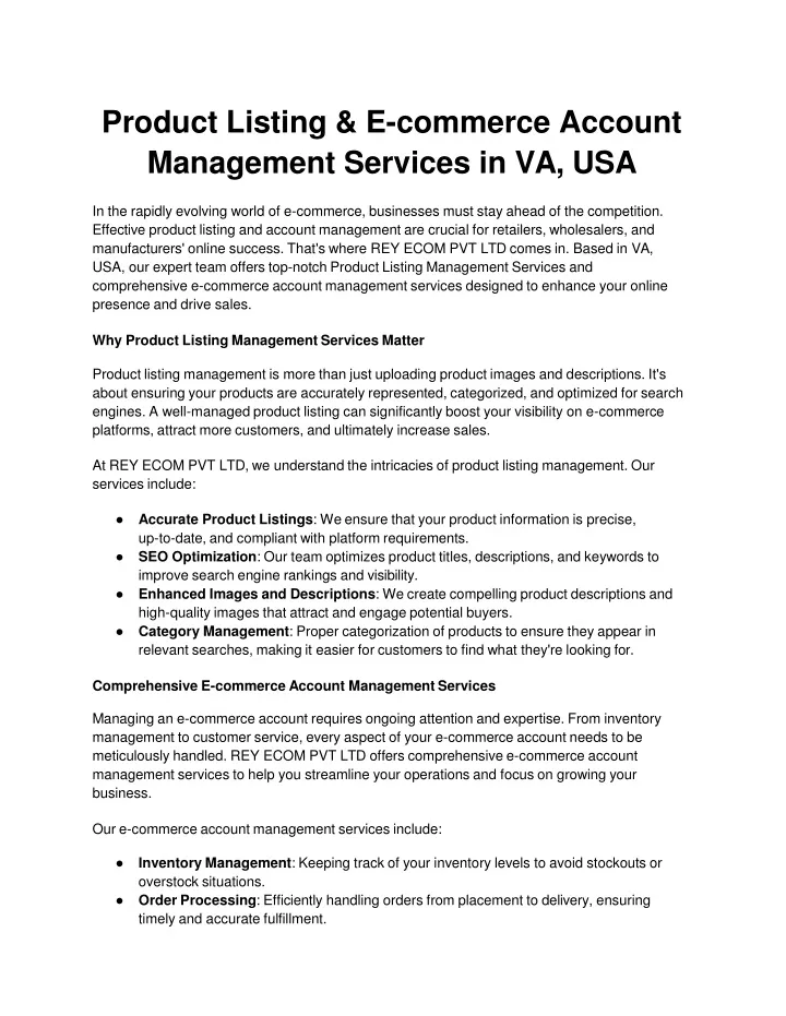 product listing e commerce account management services in va usa