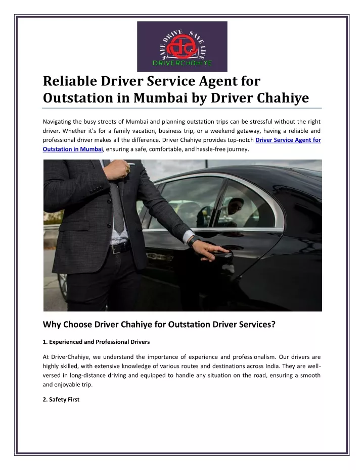 reliable driver service agent for outstation