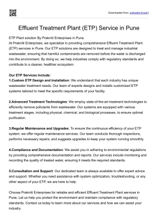 Effluent Treatment Plant (ETP) Service in Pune