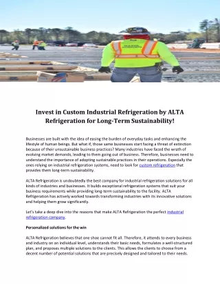 Invest in Custom Industrial Refrigeration by ALTA Refrigeration for Long-Term Sustainability!