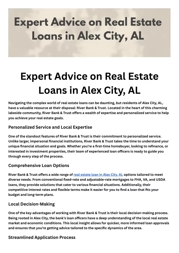 expert advice on real estate loans in alex city al