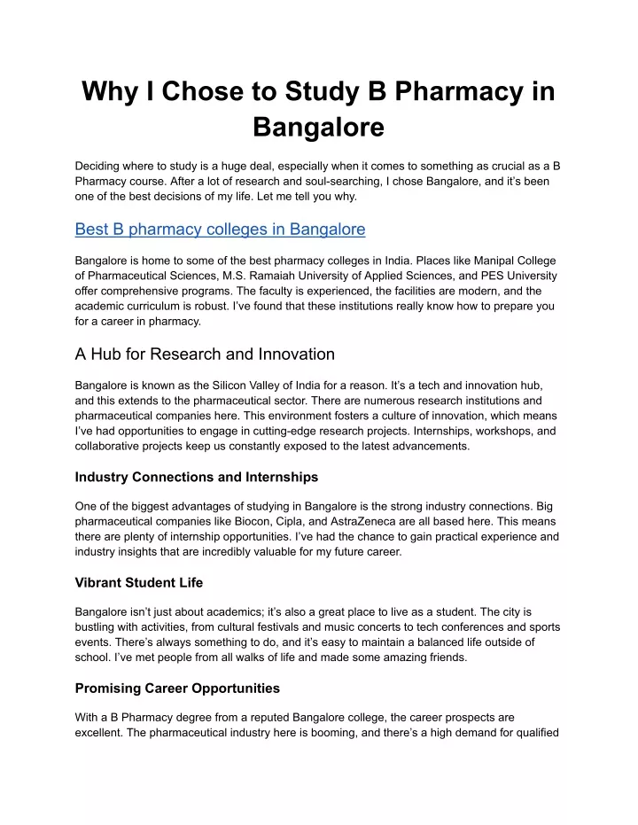 why i chose to study b pharmacy in bangalore