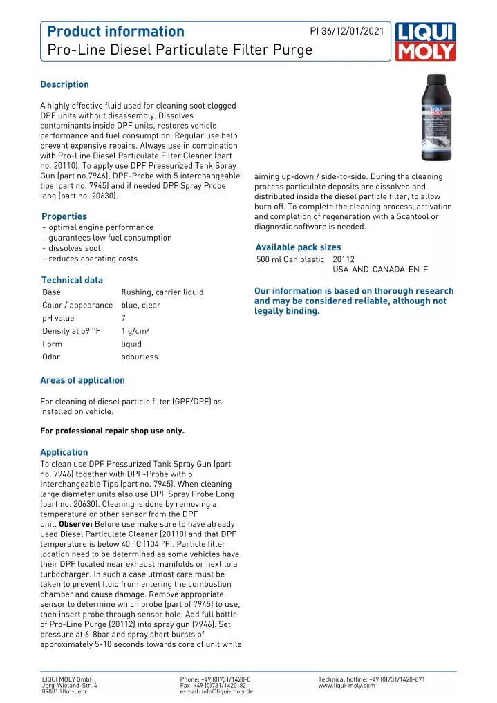 product information pro line diesel particulate