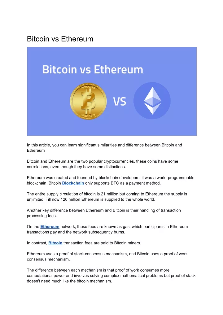 bitcoin vs ethereum