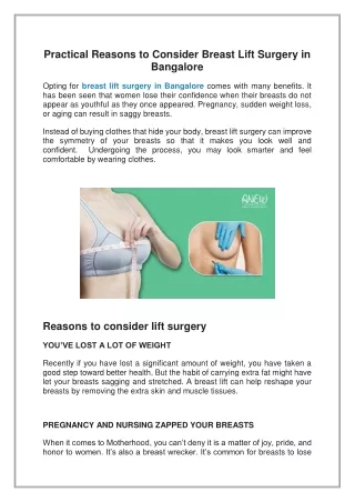 Practical Reasons to Consider Breast Lift Surgery in Bangalore