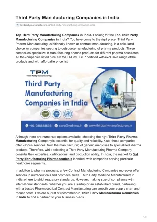 Third Party Manufacturing Companies in India