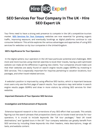 SEO Services For Tour Company In The UK - Hire SEO Expert Uk