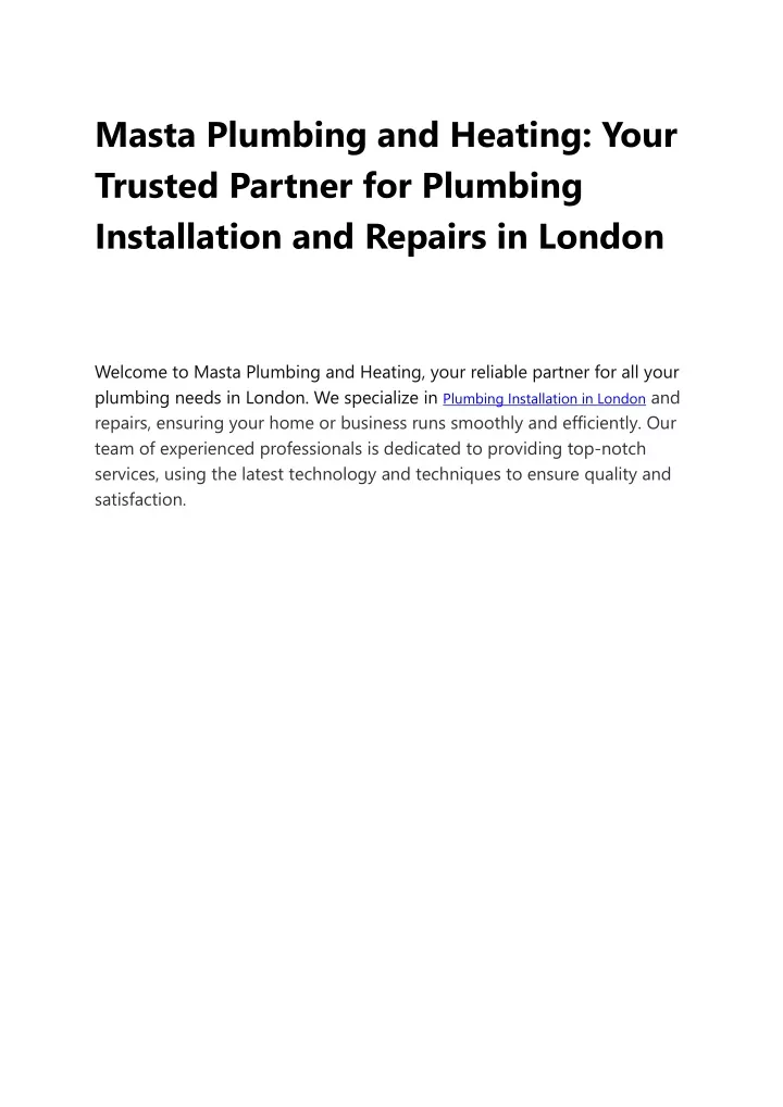 Ppt Masta Plumbing And Heating Your Trusted Partner For Plumbing