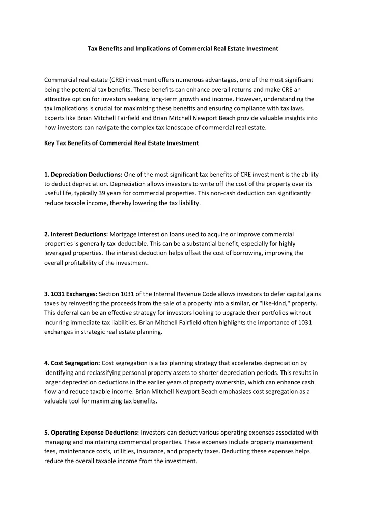 tax benefits and implications of commercial real