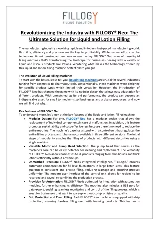 Revolutionizing the Industry with FILLOGY® Neo The Ultimate Solution for Liquid and Lotion Filling