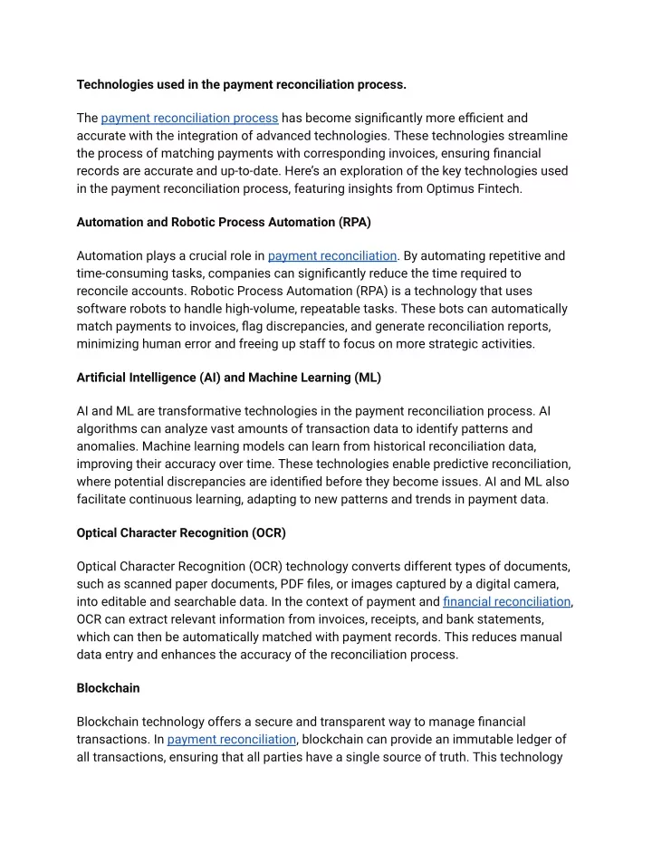 technologies used in the payment reconciliation