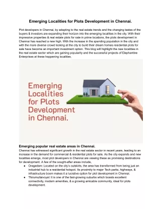 Emerging Localities for Plots Development in Chennai