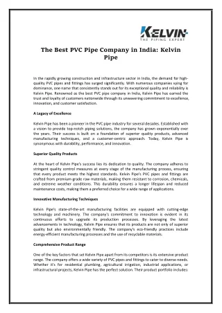 The Best PVC Pipe Company in India Kelvin Pipe