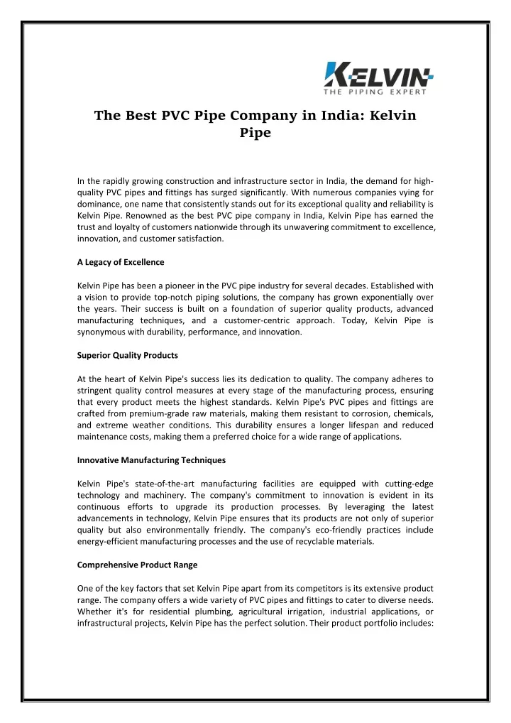 the best pvc pipe company in india kelvin pipe