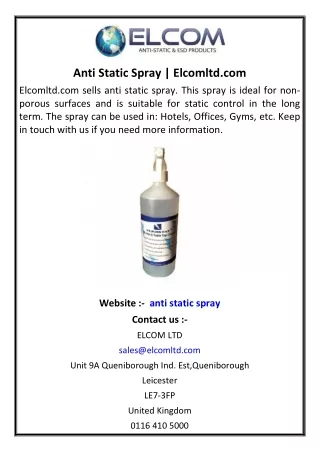 Anti Static Spray | Elcomltd.com