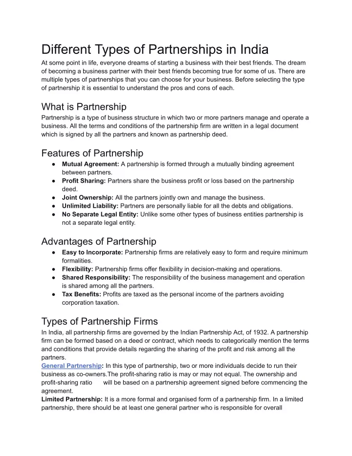 different types of partnerships in india at some