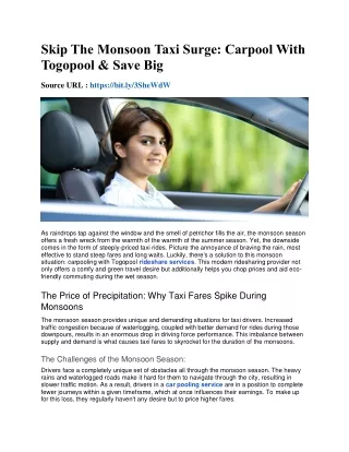 Skip The Monsoon Taxi Surge- Carpool With Togopool & Save Big