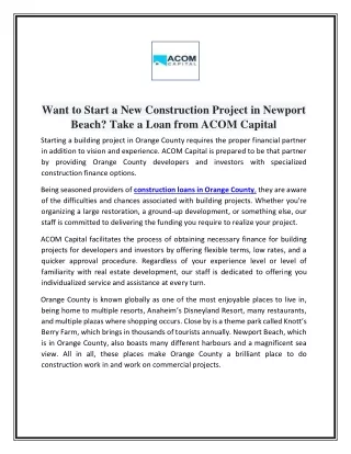 Want to Start a New Construction Project in Newport Beach - Take a Loan from ACOM Capital