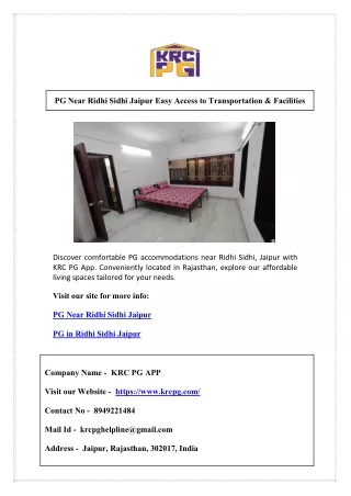 PG Near Ridhi Sidhi Jaipur Easy Access to Transportation & Facilities