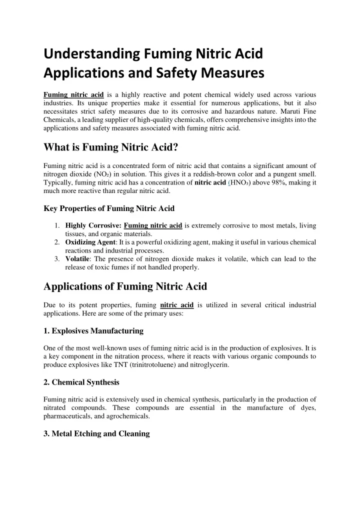 understanding fuming nitric acid applications