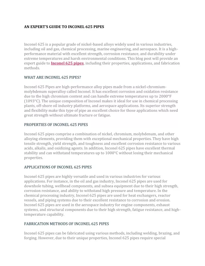 an expert s guide to inconel 625 pipes