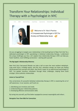 Individual Therapy with a Psychologist in NYC