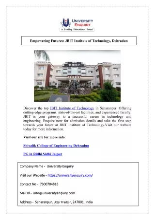 Empowering Futures: JBIT Institute of Technology, Dehradun