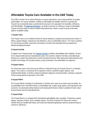 Affordable Toyota Cars Available in the UAE Today