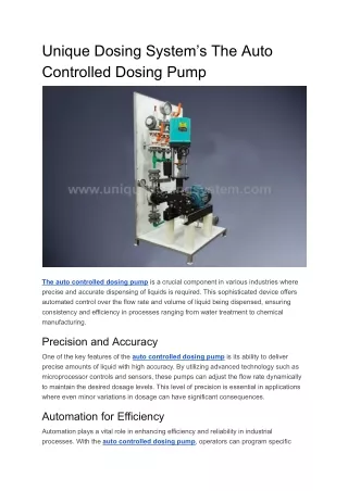 Unique Dosing System’s The Auto Controlled Dosing Pump