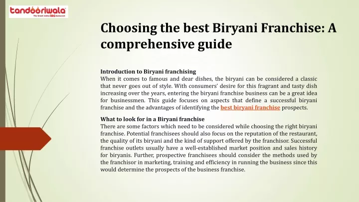 choosing the best biryani franchise