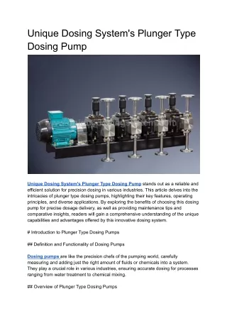 Unique Dosing System's Plunger Type Dosing Pump