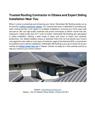 Trusted Roofing Contractor in Ottawa and Expert Siding Installation Near You