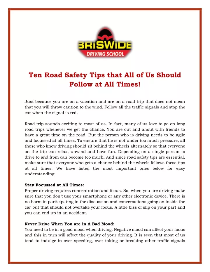 ten road safety tips that all of us should follow