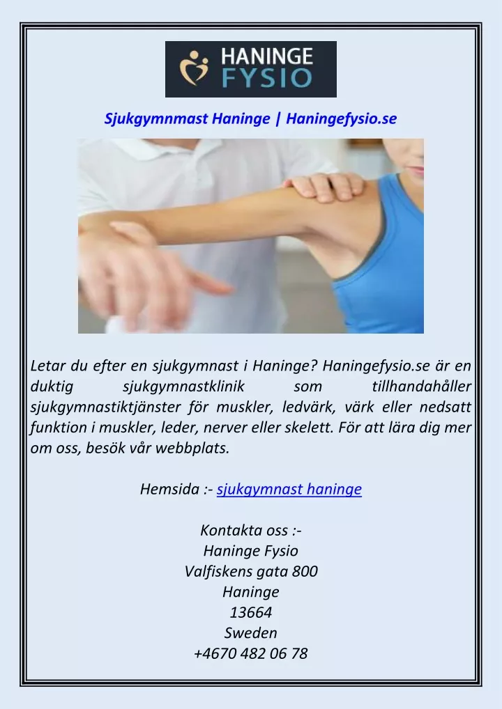 sjukgymnmast haninge haningefysio se