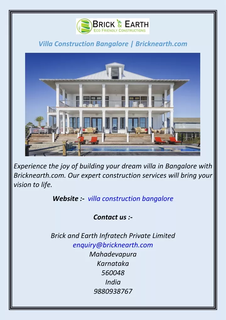 villa construction bangalore bricknearth com