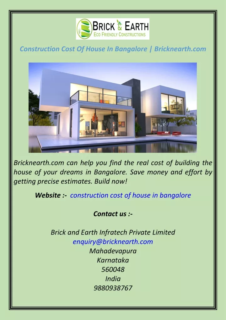 construction cost of house in bangalore