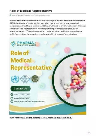 Role of Medical Representative | Pharma Franchise Mart