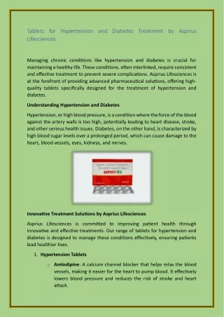 Tablets for Hypertension and Diabetes Treatment by Asprius Lifesciences