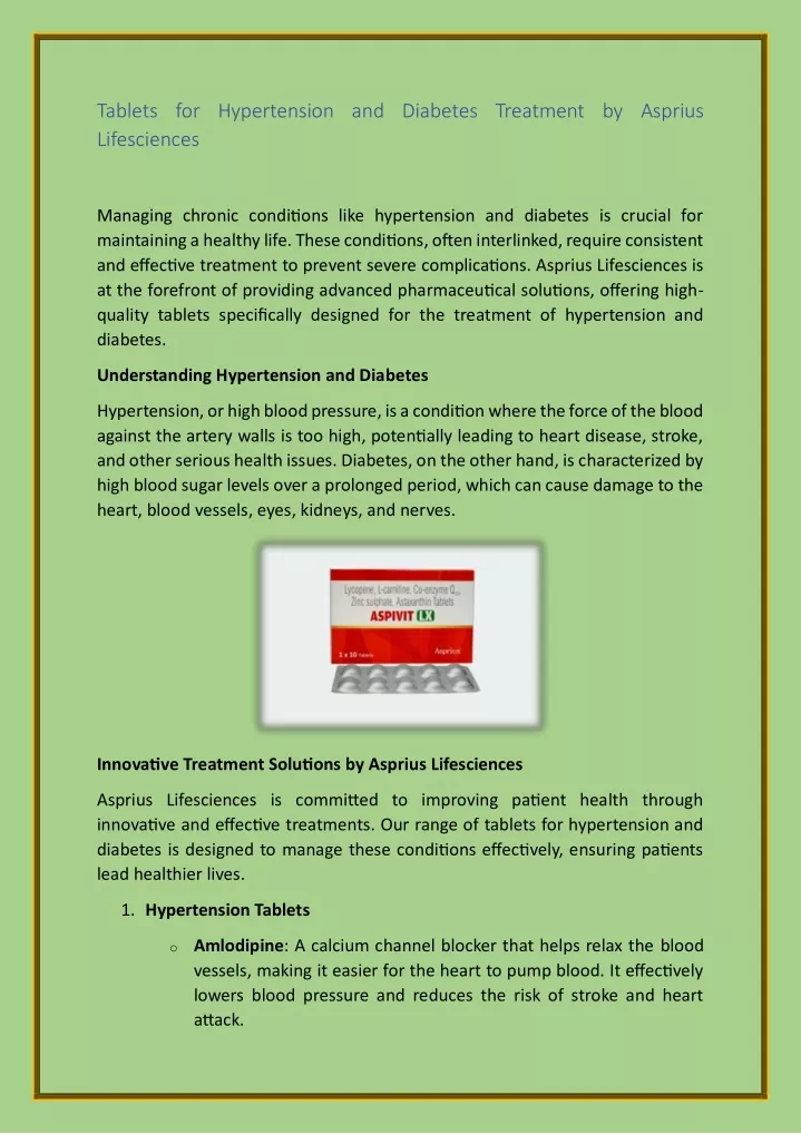 tablets for hypertension and diabetes treatment