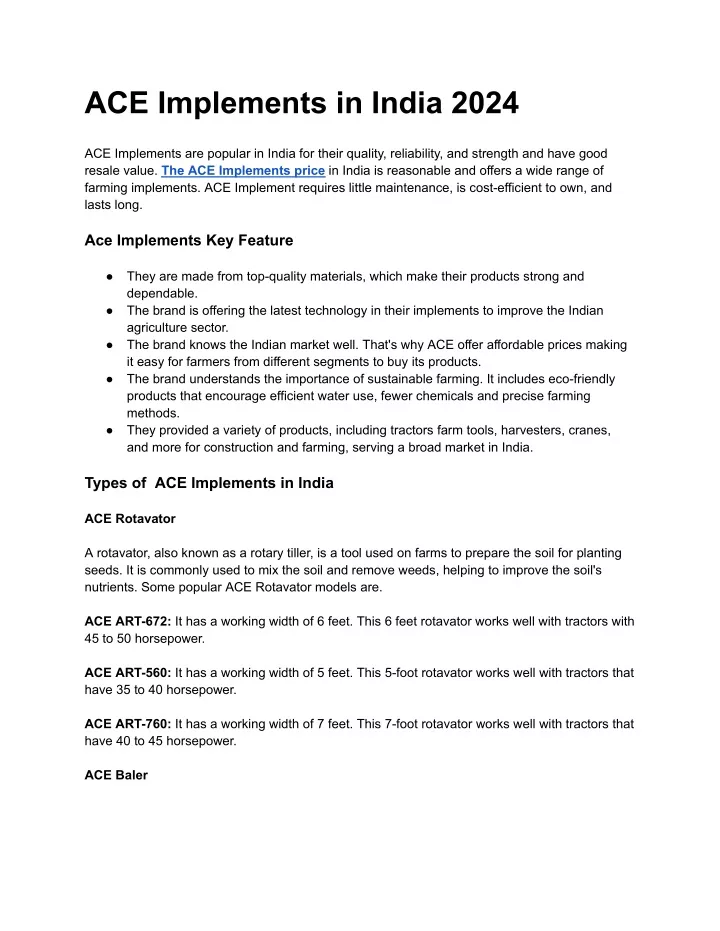 ace implements in india 2024