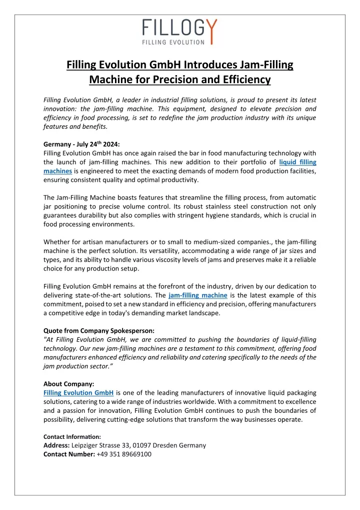 filling evolution gmbh introduces jam filling